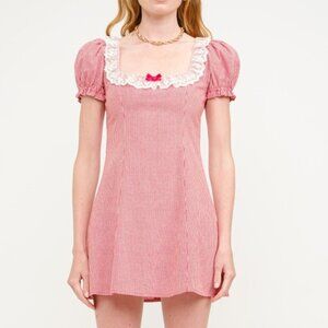 NWT Cotton Red Gingham Mini Dress With Feminine Puff Sleeve Lace Trim Bow